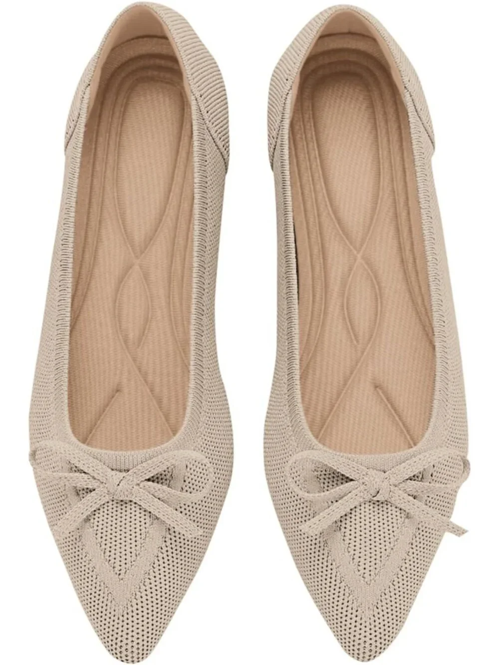 Women's Beige Flats Pointed Toe Bow Knit Ballet Shoes Comfortable Dressy Mesh